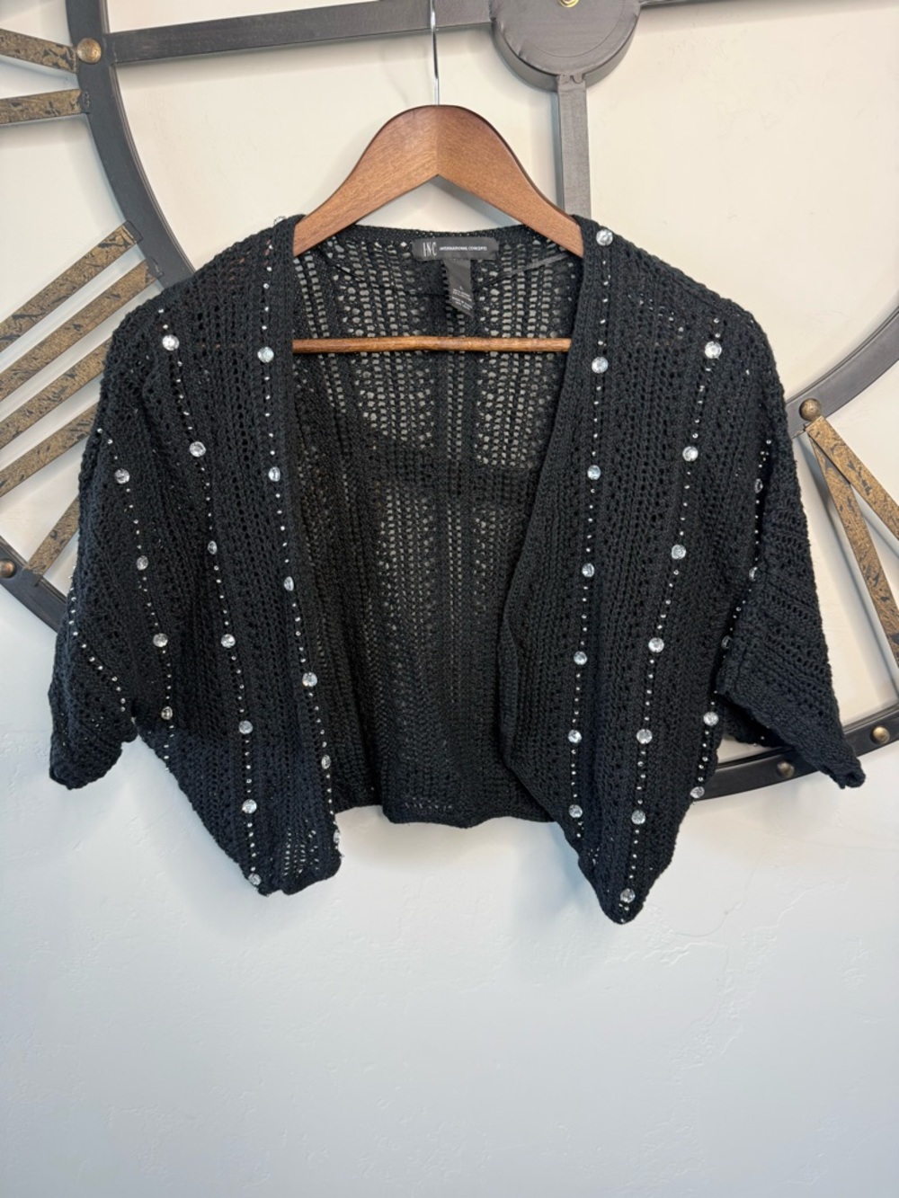 INC International Concepts Black Open-Weave Short-Sleeve Summer Cardigan w/beads